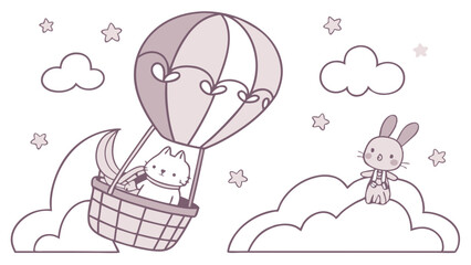 Illustration of a cat in a hot air balloon with a rabbit on a cloud surrounded by stars and clouds