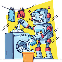 A blue and red robot happily pours laundry detergent into a washing machine, next to a bucket of suds, with clothes hanging on a line above.