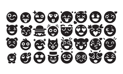 Emoji bundle silhouette of vector set of funny cartoon faces set of emoji smileys set of smiley faces and vector illustration black vector on white background 