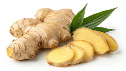 Fresh ginger root with sliced pieces and green leaves isolated on white background