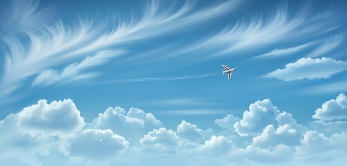 Beautiful blue sky with fluffy clouds and a small airplane soaring through the air