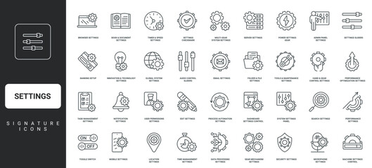 Productivity, automation process, gears of mechanism thin black symbols vector illustration. Settings of system, app and software, operation control panel and setup, modification line icon set.