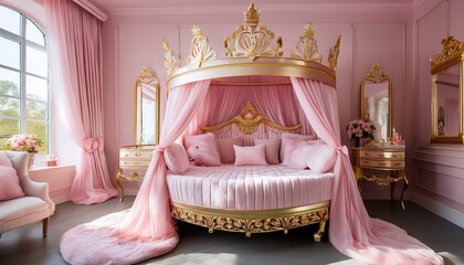 a whimsical pink bed styled like a royal carriage with gold crown details and princess themed bedding in soft tones