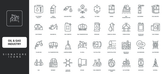 Well drilling and offshore platform, pump thin black outline symbols vector illustration. Oil and gas industry, barrel and tank for storage, refinery plant, fuel station line icon set.