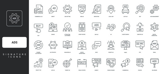 Outdoor billboard, social media and email, video advertising thin black outline symbol vector illustration. Ads campaign management, marketing strategy and SEO, web advertisement line icon set.