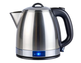 Sleek Stainless Steel Electric Kettle with Blue LED Indicator, Top-Angle View, Isolated on Transparent Background