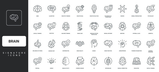Human brain healthcare and stress, AI machine learning thin black outline symbols vector illustration. Brain, creative mind and psychology, innovation and knowledge, brainstorm line icon set.