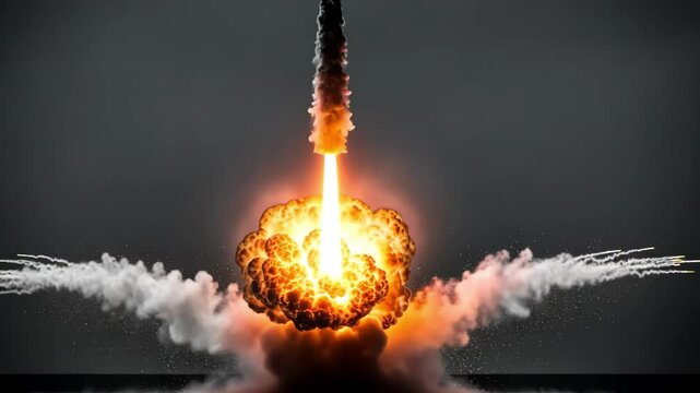Rocket launch with fire and smoke against dark sky, a technology concept.