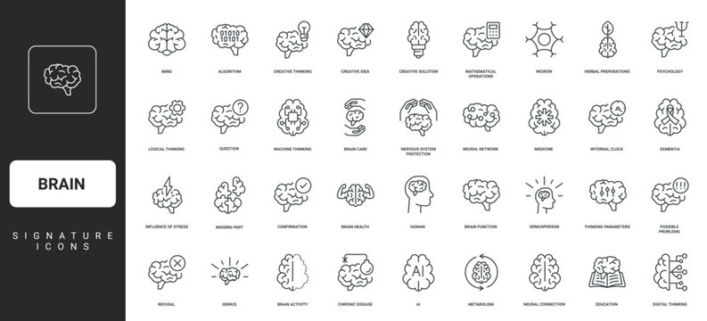 Human brain healthcare and stress, AI machine learning thin black outline symbols vector illustration. Brain, creative mind and psychology, innovation and knowledge, brainstorm line icon set.
