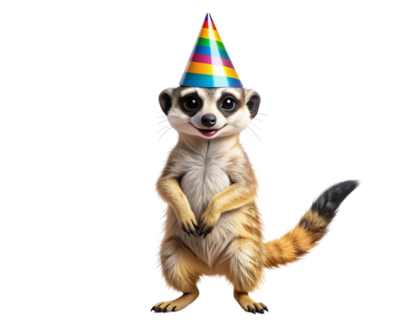  Standing Meerkat Wearing Rainbow Party Hat with Confetti, Isolated on Transparent Background