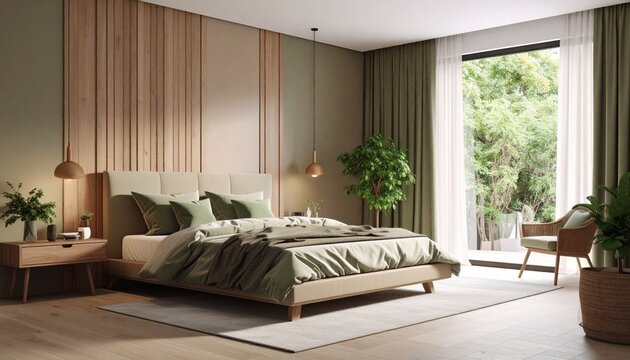 Interior photography of a contemporary minimalist bedroom, color scheme of unsaturated browns, sage green, and soft cream