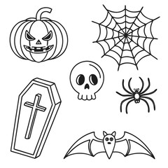 Flat vector Halloween icons featuring a pumpkin, a skull, a bat, a ghost, a witch hat, and spooky elements