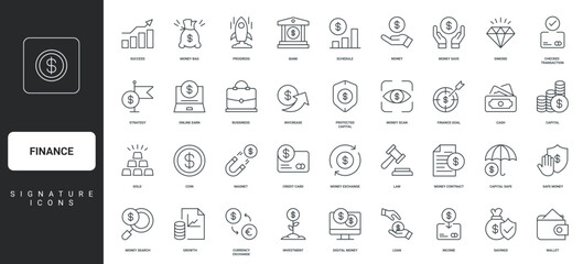 Cash wallet and coins of savings, gold thin black outline symbols vector illustration. Finance, budget and revenue, success of growth strategy, bank deposit and credit card line icon set.