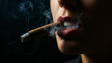 Fototapeta premium Woman Smoking Cigar with Red Lips