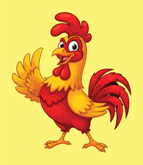  A vibrant cartoon rooster with red and yellow feathers, a large red comb and wattle, and an open beak, standing with one wing raised on a light yellow background..