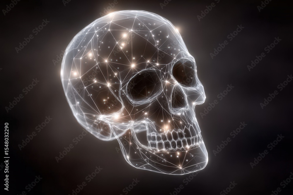 Poster futuristic glowing skull design created with intricate geometric patterns and luminous connections s