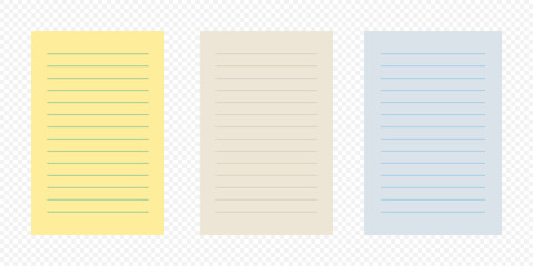 Vector set of lined notepaper sheets in pastel colors with transparent background, ideal for notes, school templates, office stationery, digital planners, journals, and educational design