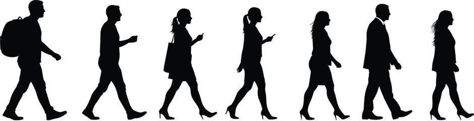 Walking people silhouette, business and casual, urban pedestrians vector, male and female figures, walking pose, people side view, daily routine movement, commute design