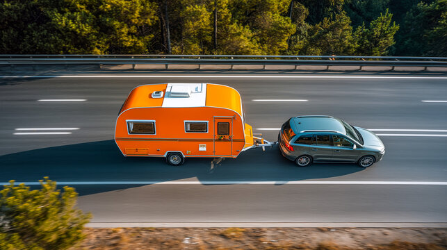 Orange Retro Caravan Being Towed on a Highway, Summer Road Trip Adventure