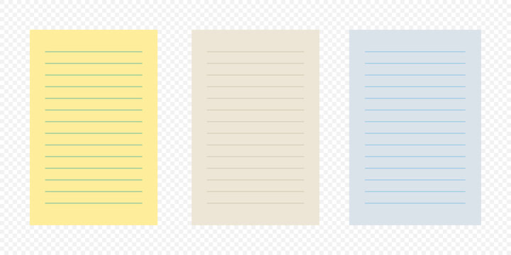 Vector set of lined notepaper sheets in pastel colors with transparent background, ideal for notes, school templates, office stationery, digital planners, journals, and educational design
