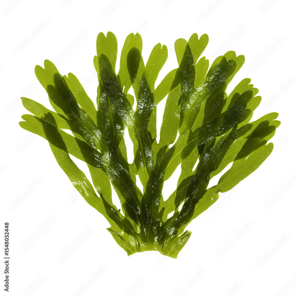 Poster close up view of vibrant green seaweed with a transparent background. the seaweed has a fan like sha