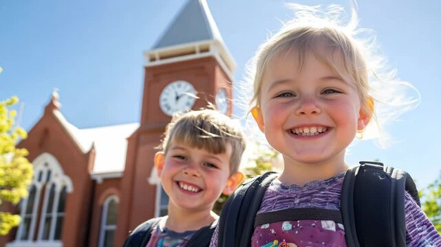 Two children smile brightly in front of a historic clock tower, enjoying a sunny day and showcasing their happiness