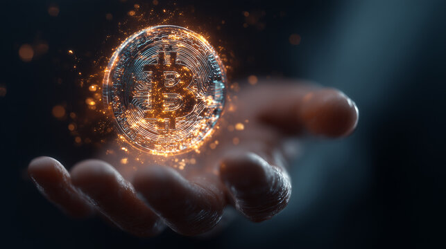 The Power of Cryptocurrency: A human hand holding a glowing Bitcoin hologram made of fiery, sparkling particles, symbolizing digital finance and innovation.