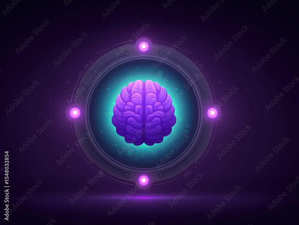 Poster digital representation of a vibrant brain encircled by luminous orbs showcasing creativity and intel