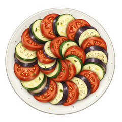 Overhead view of a vibrant vegetable arrangement on a white plate. Slices of eggplant, zucchini, and tomatoes are artfully arranged in a circular
