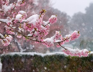 blossoming cherry tree with pink flowers in a spring garden during snowfall illustrating climate change and weather anomalies
