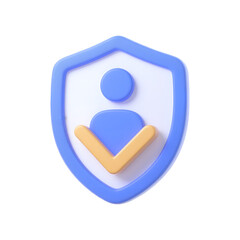 3d render of a blue shield icon with user protection checkmark