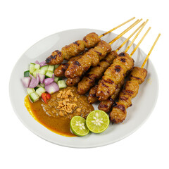 Grilled meat skewers with peanut sauce and cucumber relish on a white plate. Appetizing food photography with transparent background