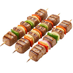 Three grilled beef and vegetable skewers on transparent background. The skewers feature cubes of grilled beef, red and green bell peppers, and