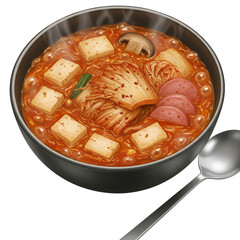 Kimchi jjigae, a hearty Korean stew, is presented in a dark bowl with tofu, mushrooms, and sliced sausage. Steam rises from the flavorful broth. A