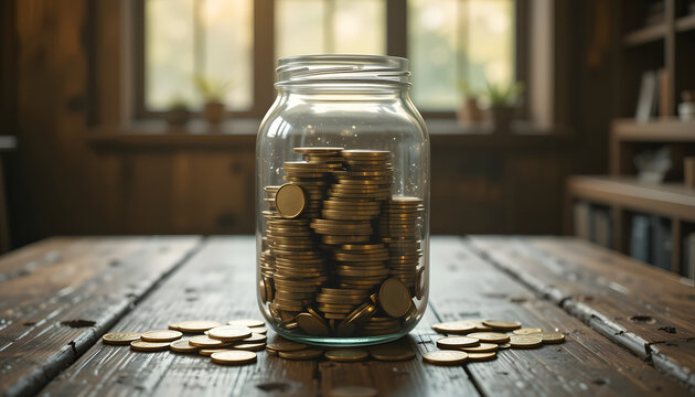 Rustic glass jar overflowing with Euro coins on cozy wooden table in soft natural light - Powered by Adobe