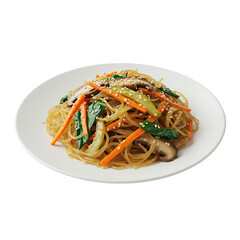 A delectable dish of glass noodles stir fried with assorted vegetables and mushrooms, garnished with sesame seeds. The dish is presented on a simple