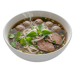 A steaming bowl of noodle soup with meatballs and sliced beef, garnished with fresh herbs. The broth is rich and dark, the noodles are light, and the