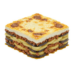 A single portion of moussaka, a layered Greek casserole. The dish features visible layers of eggplant, meat, and a creamy béchamel topping.  The