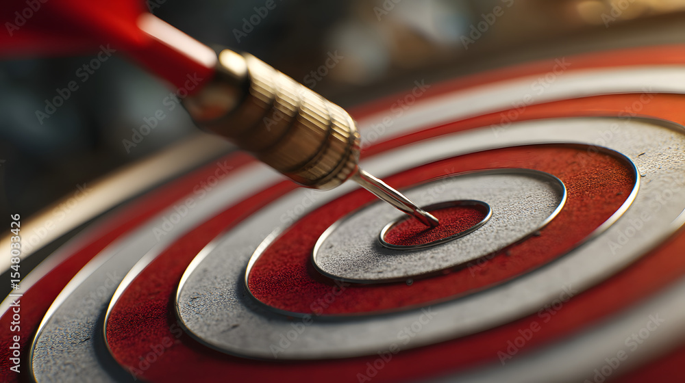 Poster a close-up view of a dartboard with a dart hitting the bullseye, showcasing precision and focus.