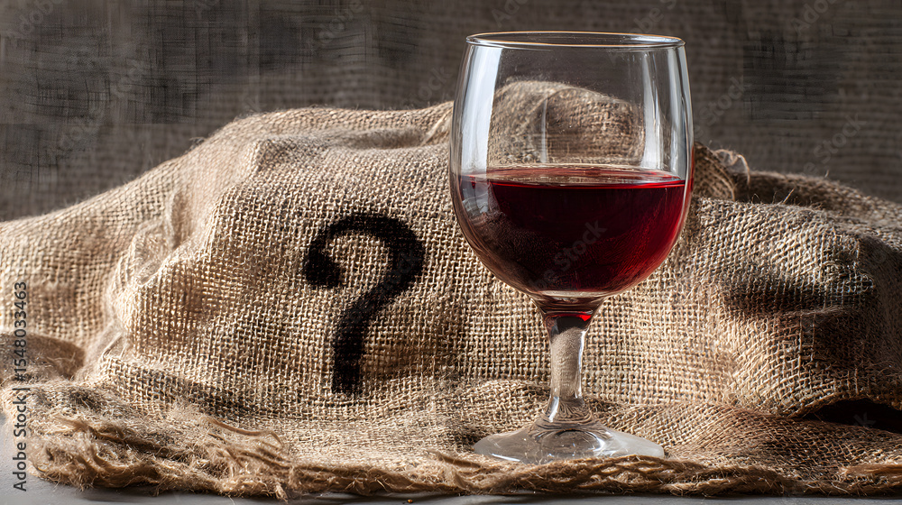 Poster a glass of red wine sits elegantly on a textured burlap backdrop with a mysterious question mark, ev