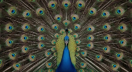 Obraz premium Peacock feathers spread out in perfect symmetry, showcasing iridescent blues and greens