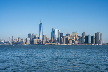 Lower Manhattan, New York City, with the famous World Trade Center seen from the Hudson River