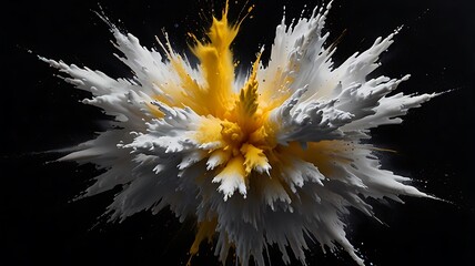 White and yellow powder blast frozen mid air on black background showing dusty particles and smooth symmetry