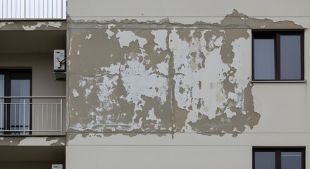 Exterior Wall with Peeling Paint and Damaged Stucco | Building Maintenance and Renovation Concept for Construction and Home Improvement Marketing
