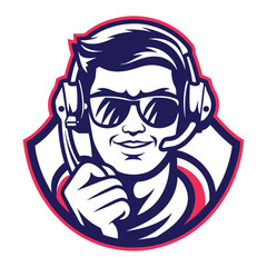 Smiling gamer in headset and sunglasses