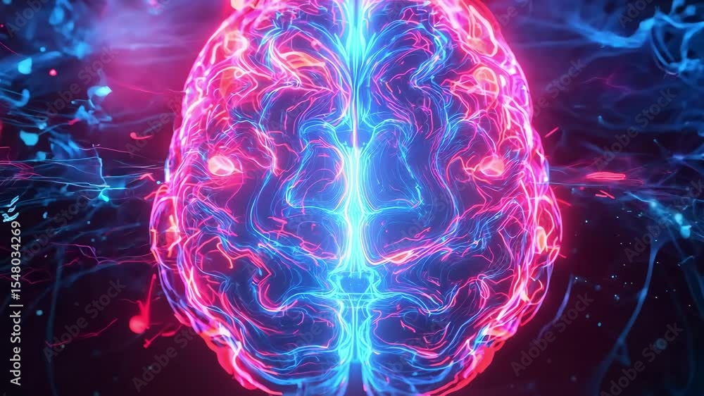 Poster a vibrant depiction of a brain illuminated in blue and red hues surrounded by abstract swirling part