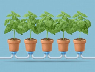 Obraz premium Innovative hydroponic basil garden concept with multiple pots connected by tubes showcasing modern sustainable gardening techniques and vibrant plant growth captured with clarity