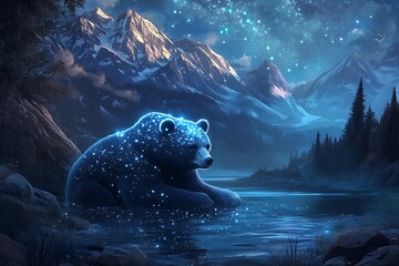 A bear made of stars resting beside a glistening lake in a magical mountain realm