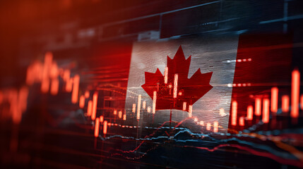 Financial data trends overlaying the Canadian flag, depicting the connection between national identity and economic performance.