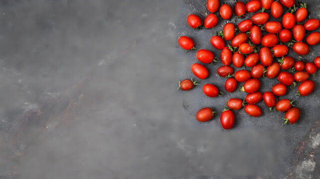 Fresh red cherry tomatoes scattered on a dark stone surface, creating a vibrant and inviting culinary backdrop. - Powered by Adobe